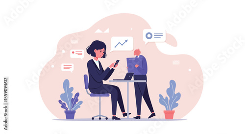 a business scene with two individuals, one seated and one standing, both engaged with their devices. Suitable for landing page, banner, marketing, web design, presentation, infographic, etc.