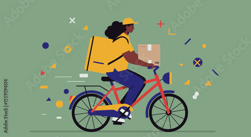 A woman with dark curly hair rides a bicycle with a large yellow delivery bag, transporting a package through a stylized, colorful urban environment.