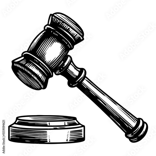 Gavel and sound block. Judge gavel and stand for court auction. Gavel illustration for legal websites and documents.