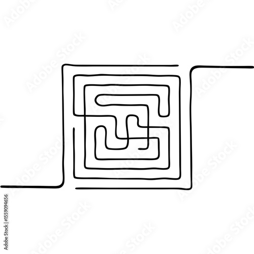 Intricate maze design. Square labyrinth puzzle with complex paths and single line drawing style.  Labyrinth illustration for game design, education, or graphic design project.