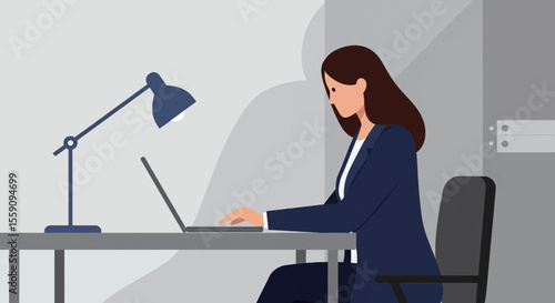 a woman in a business suit sitting at a desk, working on a laptop with a desk lamp providing light. Suitable for landing page, banner, marketing, web design, presentation, infographic, etc.