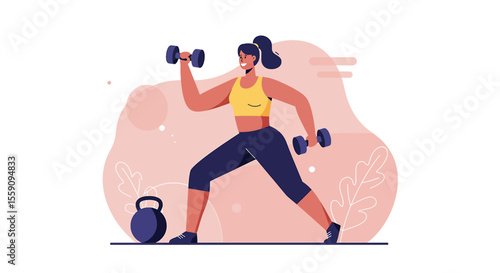 a woman in a yellow top and blue bottoms, lifting weights with a kettlebell. Suitable for landing page, banner, marketing, web design, presentation, infographic, etc.