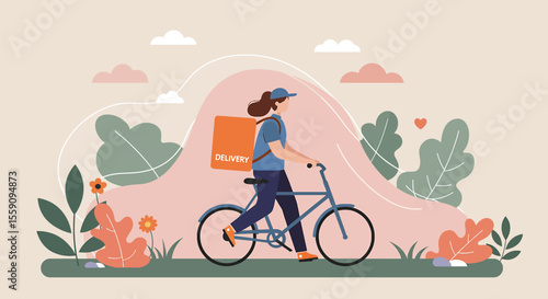 An illustrated delivery person cycles through a park, carrying a package, showcasing a modern and eco-friendly approach to courier services in a natural setting.