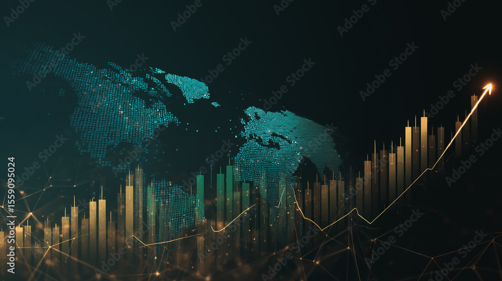 Fototapeta premium finance Abstract black background uptrend arrow with candlesticks and bar chart show innovation of economy business statistics with Earth network with glowing nodes and triangle polygon linesIt