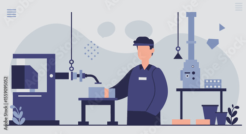 An illustrated factory worker in an industrial setting, managing machinery with a modern, flat design, showcasing production and manufacturing processes.