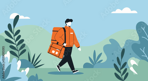 A delivery person with a large insulated bag walks through a park on a sunny day, symbolizing efficient and convenient service.