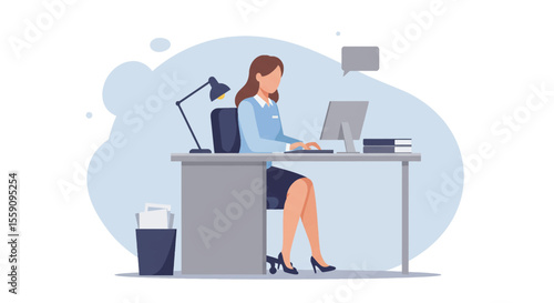 A focused young woman in professional attire is busy typing on her desktop computer at a modern office desk, illustrated digitally.