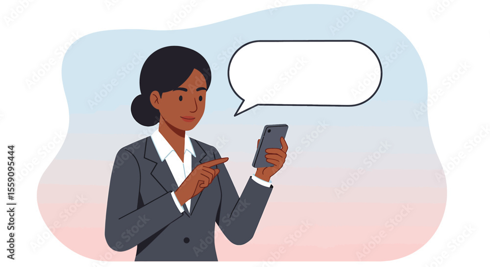 a woman in a business suit holding a smartphone and pointing at it, with a speech bubble above her head. Suitable for landing page, banner, marketing, web design, presentation, infographic, etc. a woman in a business suit holding a smartphone and pointing at it, with a speech bubble above her head. Suitable for landing page, banner, marketing, web design, presentation, infographic, etc.