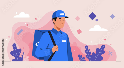 A friendly male delivery person wearing a blue uniform and cap stands ready to provide efficient service with a large insulated bag against an abstract background.