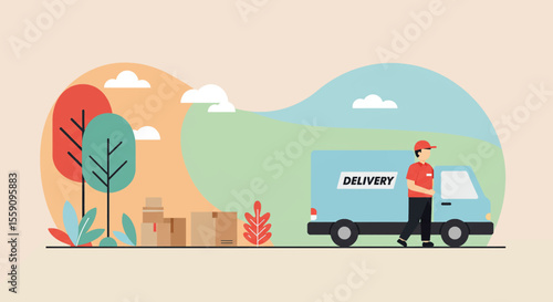 A friendly delivery man stands beside his truck filled with packages, ready to deliver goods in a stylized outdoor setting with trees and greenery.