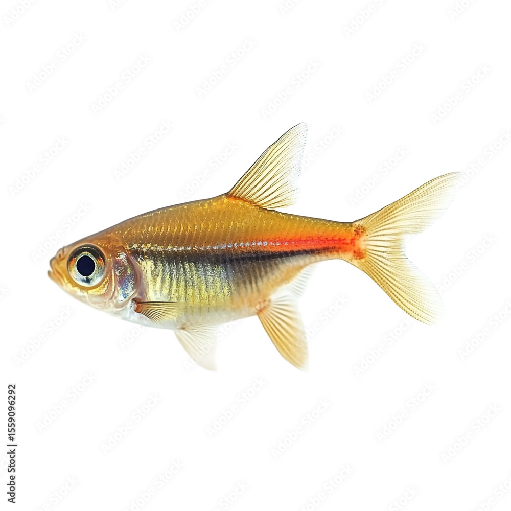 Fototapeta premium A small golden fish with a red stripe swims against a black background its fins are translucent and its body is elongated