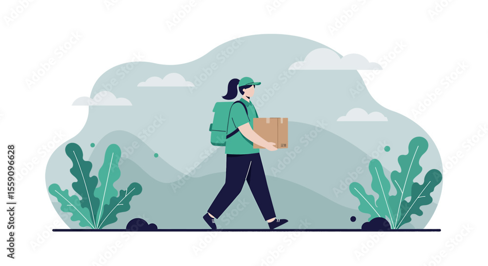 Obraz premium a person in a green shirt and cap walking with a brown package, surrounded by green plants and a cloudy sky. Suitable for landing page, banner, marketing, web design, presentation, infographic, etc.