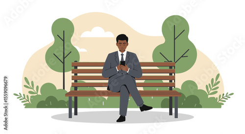 A man dressed in a suit is seated on a park bench, engrossed in his phone. Suitable for landing page, banner, marketing, web design, presentation, infographic, etc.