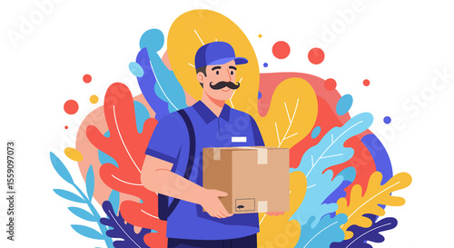 A cheerful delivery man in a blue uniform holds a package, surrounded by vibrant, abstract organic shapes, representing efficient e-commerce services.