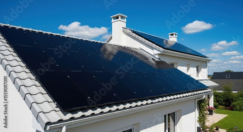 Close-up of rooftop reflective sleek black solar panels on white house under saturated blue sky and clouds