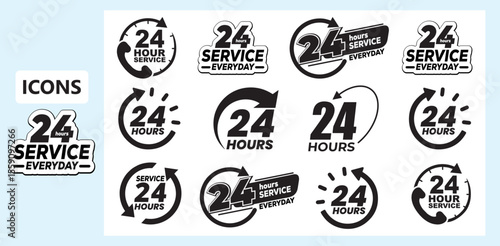 24 hours support a variety of symbols, icons, badges, labels, and stickers for Customer Service, Support, and Call Center Concept Isolated on a White Background. Illustration Vector Black & White.