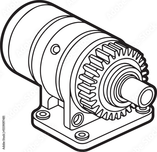 Detailed line art illustration of a starter motor with cylindrical body, gear mechanism, and mounting base with bolts, rendered in black outline style.