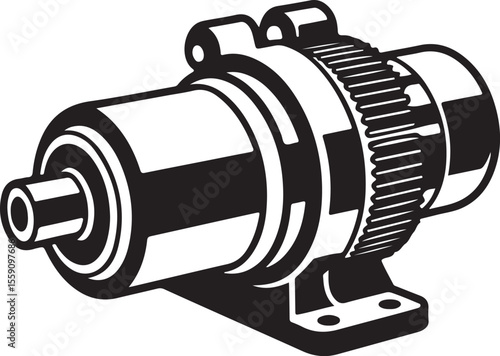  Starter motor line art illustration with detailed components and design features in monochromatic style.