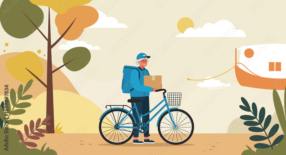 Fototapeta premium an elderly person riding a bicycle with a box attached to the back. Suitable for landing page, banner, marketing, web design, presentation, infographic, etc.