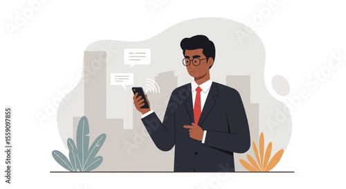 a man in a suit and glasses, engrossed in his smartphone, with two speech bubbles indicating a conversation. Suitable for landing page, banner, marketing, web design, presentation, infographic, etc.