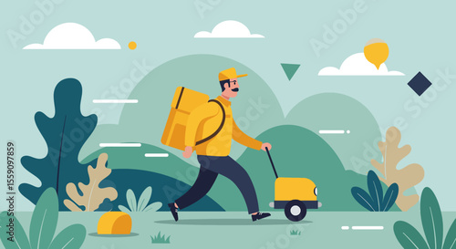 A cheerful delivery man in a yellow uniform walks through a stylized outdoor landscape, pulling a small cart and carrying a large backpack.