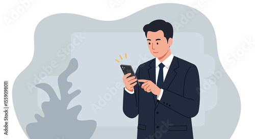 a man in a suit is looking at his cell