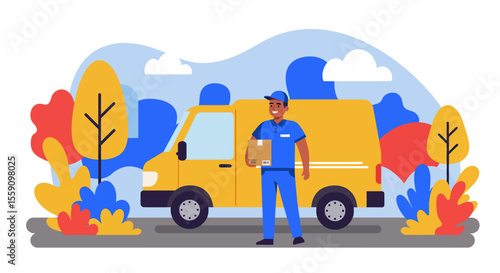 A cheerful delivery person with a package stands beside a yellow van, symbolizing efficient logistics and friendly service.