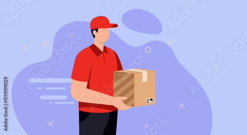 A delivery person in a red uniform and cap holds a cardboard box against a soft, abstract background, representing shipping and logistics.