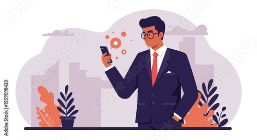 a man in a suit is looking at his phone