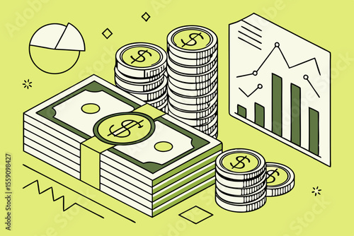 Creative Isometric Coins Stacks Of Money And Data Graphi Illustration