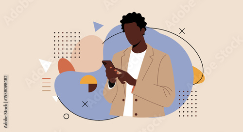 a man dressed in a beige jacket, engrossed in his phone. Suitable for landing page, banner, marketing, web design, presentation, infographic, etc.