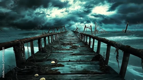 Abandoned wooden pier leading into stormy sea under dark clouds, evoking mystery and solitude