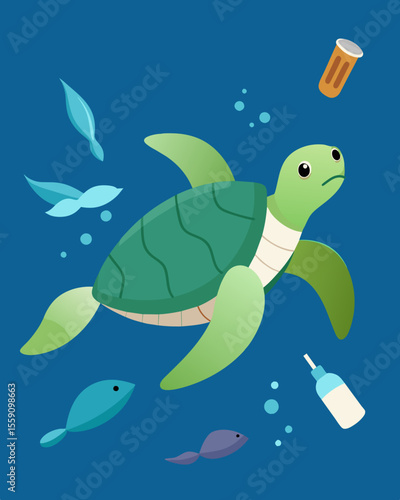A drawing of a turtle swimming in a polluted ocean with plastic straws and cups floating around it.. Vector illustration