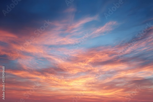 Dramatic Sky with Pink and Orange Cirrus Clouds against a Deep Blue Backdrop