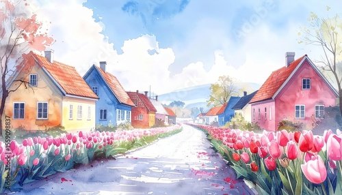 Fototapeta Naklejka Na Ścianę i Meble -  Watercolor houses and tulips