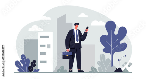 A businessman in a suit stands in a city park holding a smartphone and a briefcase, surrounded by stylized trees and buildings.