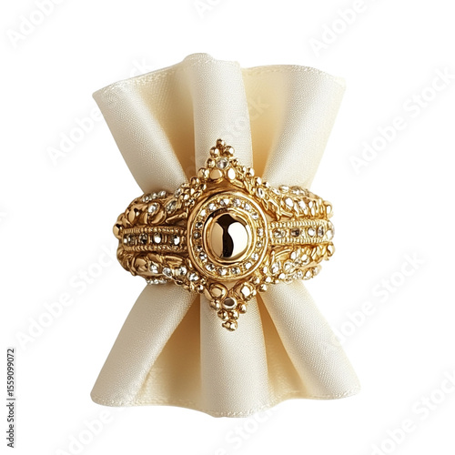 Gold ring with diamonds on cream fabric