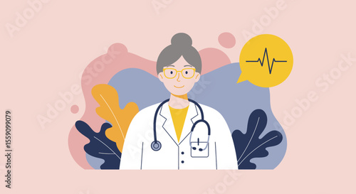 a smiling woman in a white coat with a stethoscope around her neck. Suitable for landing page, banner, marketing, web design, presentation, infographic, etc.
