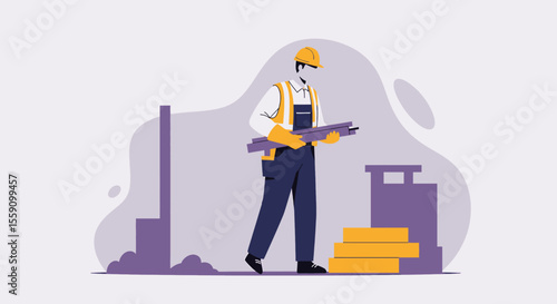 A construction worker in full safety gear carries building materials on a job site with abstract industrial elements in the background.