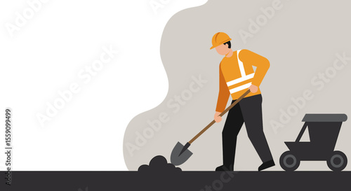 A construction worker wearing a hard hat and safety vest is using a shovel to dig into the ground, with a wheelbarrow nearby, set against a neutral background.
