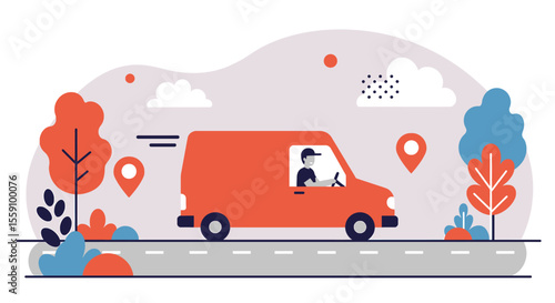 a delivery person driving a red van with a stylized landscape featuring trees, clouds, and location markers. Suitable for landing page, banner, marketing, web design, presentation, infographic, etc.