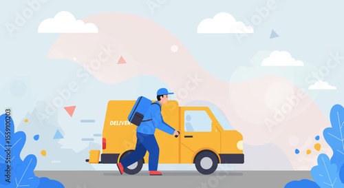 A uniformed delivery person with a backpack quickly approaches a yellow service van, symbolizing efficient and fast package delivery services in a stylized outdoor environment.