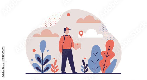 A modern flat illustration depicts a male delivery person holding a package amidst abstract natural elements and a location pin, symbolizing efficient logistics.