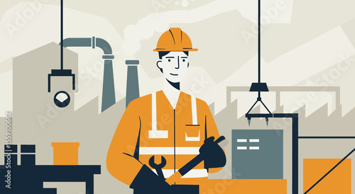 A factory worker, wearing a safety helmet and overalls, stands confidently with a wrench in hand, overseeing industrial operations within a manufacturing plant.