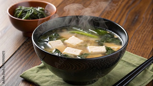 Steaming hot miso soup with tofu and seaweed image