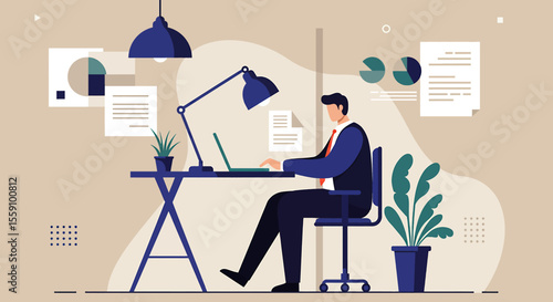 A professional man diligently works on his laptop at a modern desk, surrounded by business charts and documents in a contemporary office illustration.