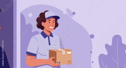A smiling female courier in uniform holds a cardboard package, symbolizing efficient doorstep delivery and modern e-commerce services.