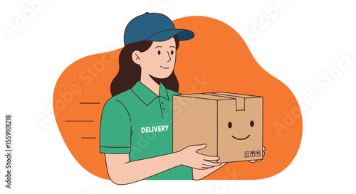 A cheerful delivery woman in a green uniform and cap is holding a cardboard box with a smiley face, symbolizing efficient and friendly package delivery services.