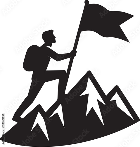 Silhouette mountain man with flag icon