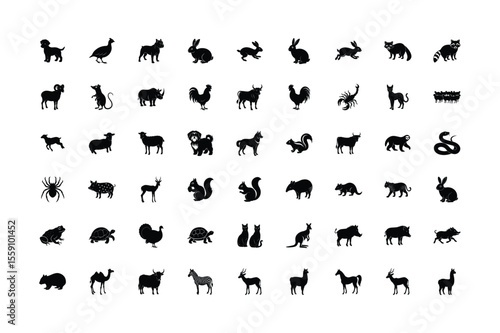 Diverse Animal Kingdom Silhouette Collection Featuring Mammals, Birds, Reptiles, and Insects Represented in Simple Black Shapes on White Background Showcasing Wildlife Diversity